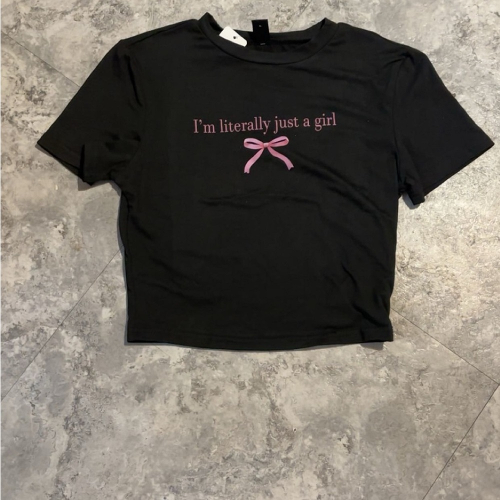 SHEIN Black Crop Top with Pink Bow Graphic